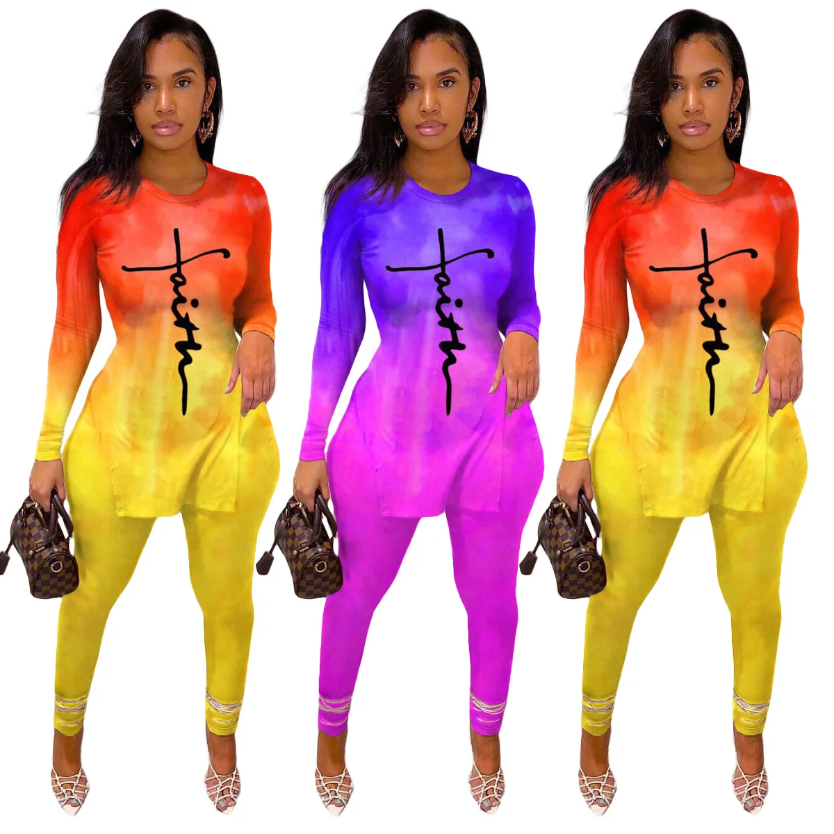 

Hot Sale Long Sleeved T Shirt Pants Tie Dyed Printed Fashion Womens Two Piece Leggings Casual Set, Picture color