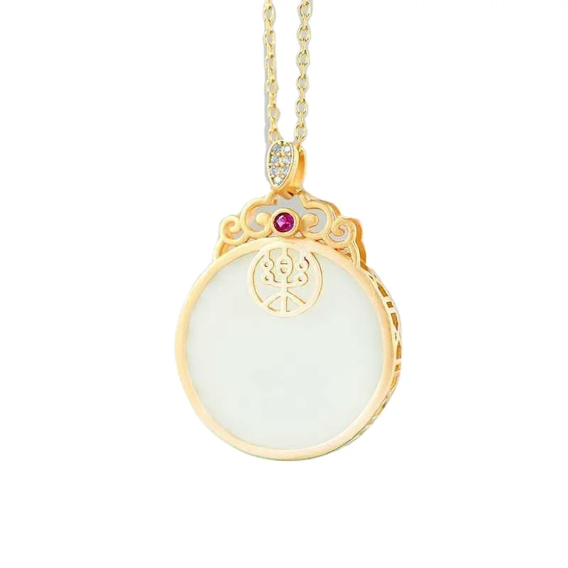 

Jade Hetian Chalcedony White Jade Auspicious Ruyi Round Plate Inlaid 925 Thick Gold Pendant Necklace Jewelry Female