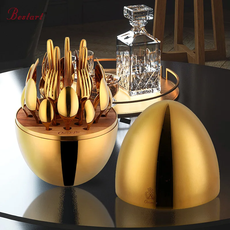 

New High-end Tableware Stainless Steel Luxury Gold 24pcs Cutlery set with Egg Shape Flatware Sets Holder, Silver/gold/rose gold