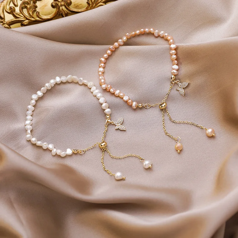 

Fashion Elegant Women Hand Jewelry Adjustable Chain Natural Baroque Pearl Bracelet Pearl Cubic Zircon Butterfly Bracelet