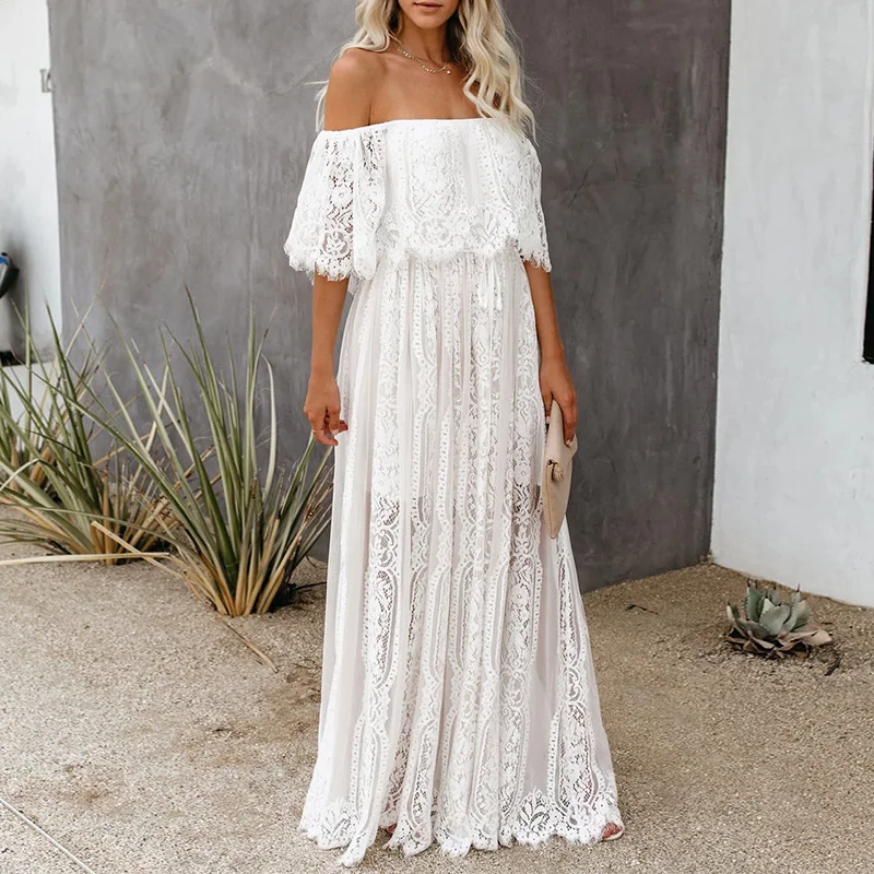 

Trendy Vestido Largo Off The Shoulder Lace Maxi Dress For Women Bridesmaid Dresses