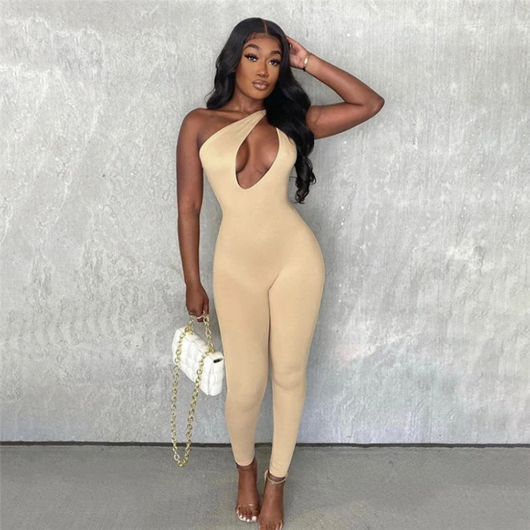

2021 Fashion Skinny Inclined Shoulder Solid Cutout Back One Piece Jumpsuit For Women Clothing Beige Clothes, Khaki, gray, beige