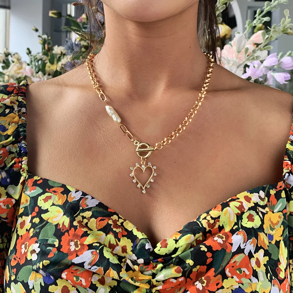 

Bohemian Crystal Rhinestone Heart Pendant Necklace Gold Link Chain Diamond Heart Pearl Circle Clasp Necklace Women Jewelry
