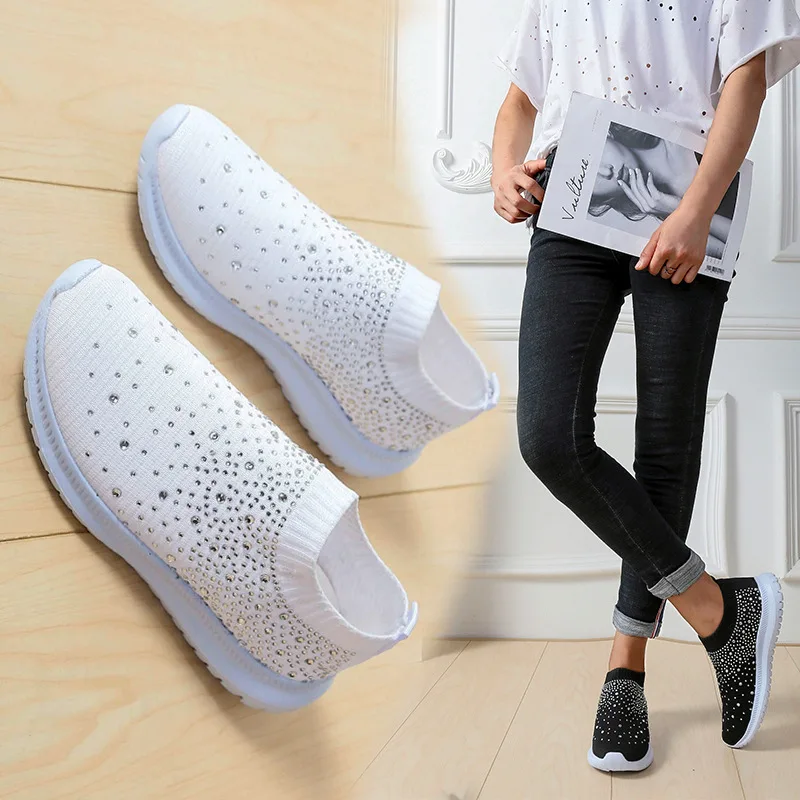 

Women's Ladies Ankle Shoes Flat Loafers Crystal Fashion Bling Sneakers Casual Ladies Slip On Breathable Casual Shoes, As picture