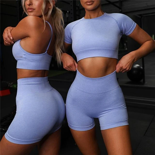 

2021 New Short Cropped T-shirt High Waist Shorts Two-piece Yoga Suit, Picture color