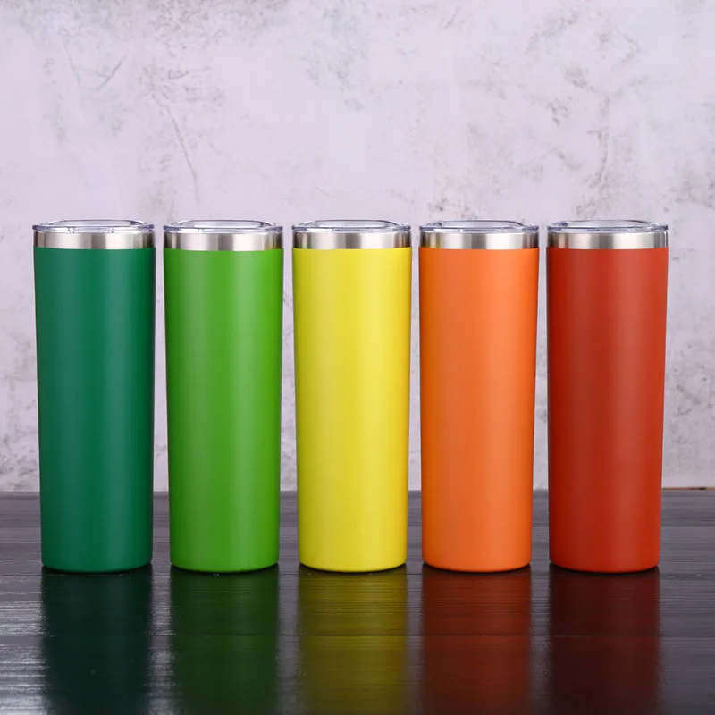 

wholesale 20 oz powder coated custom double wall stainless steel mugs vacuum thermal insulated cups skinny tumbler with lid, Picture