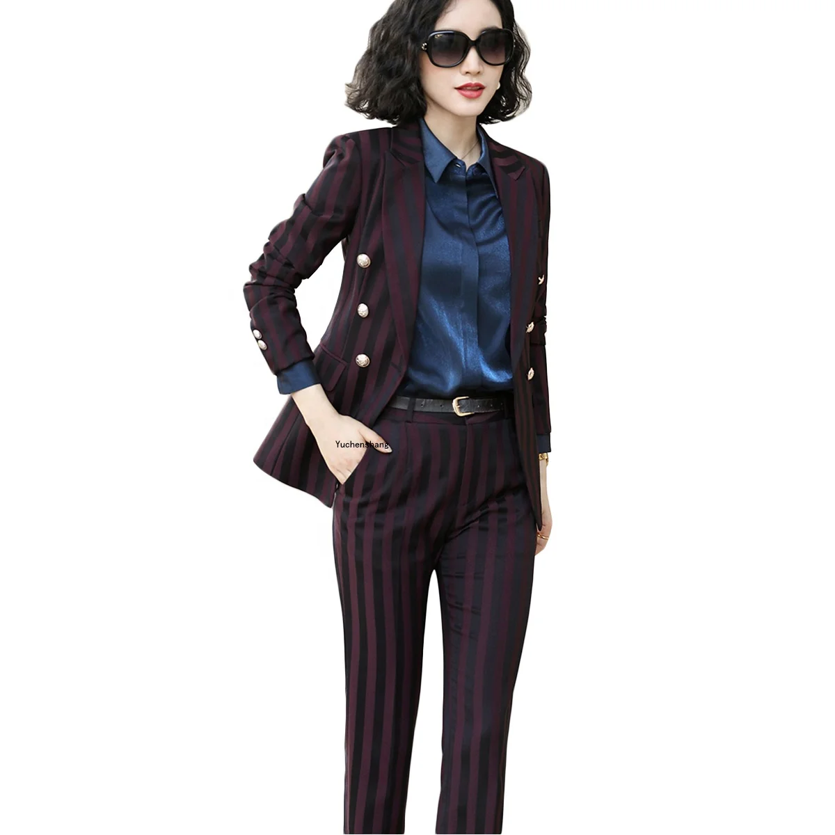 

High Quality Latest Single Breasted 2 Pieces Set Women Red Black Blue Striped Pant Suit for Ladies Work