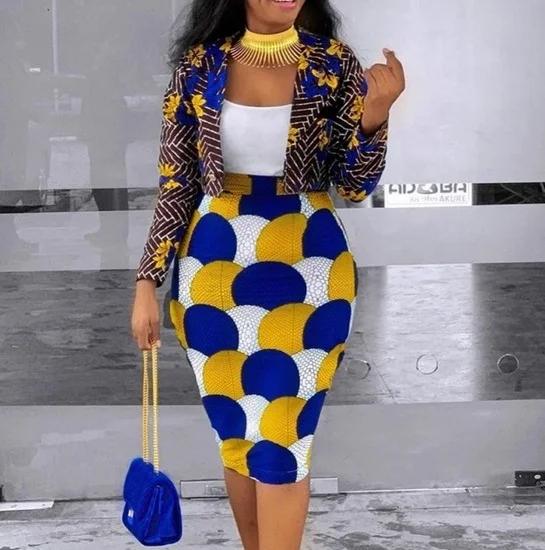 

2 Piece Women Set African Long Sleeve Two Piece Set Crop Top Suits Midi Skirt Print Casual Outfit Africa Clothing., Picture