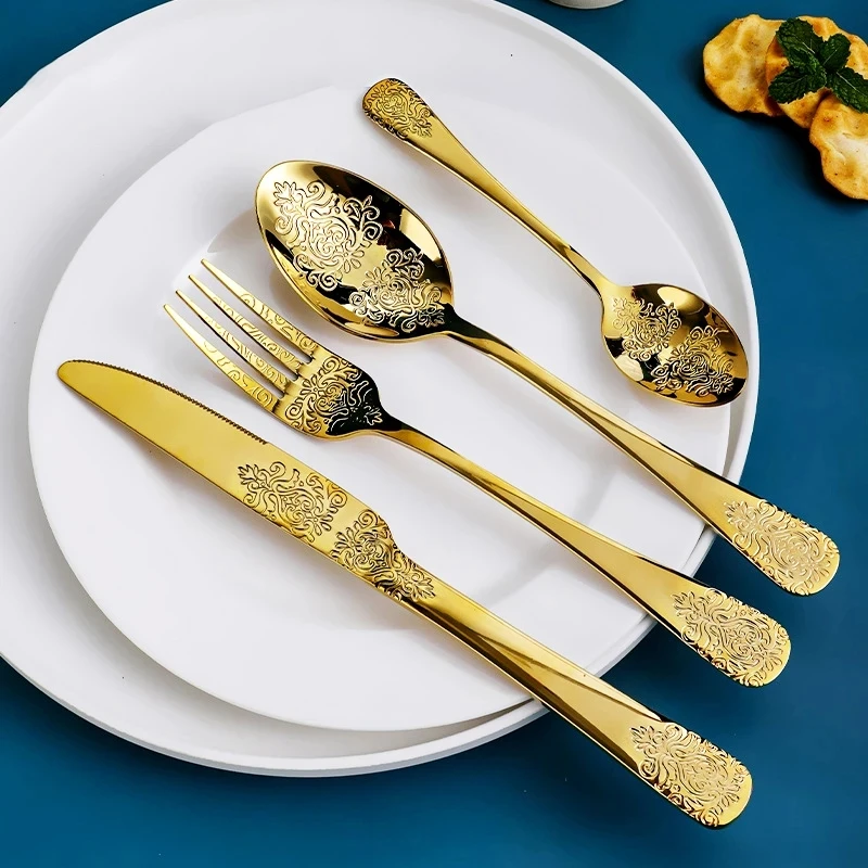 

Gold Cutlery Set 18/10 Stainless Stleel 304 Unique Pattern Design Dinnerware Knife Spoon Fork Set