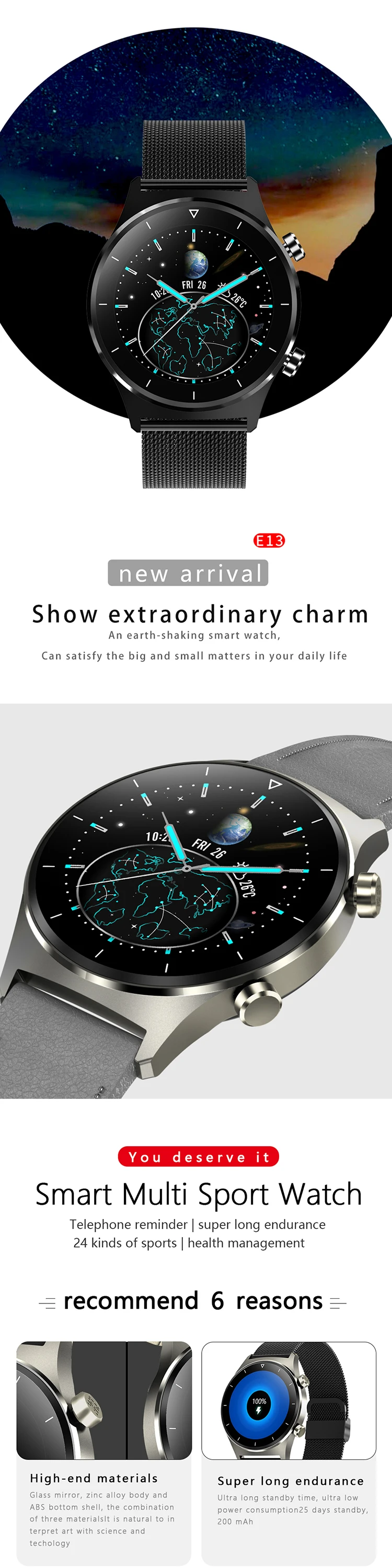 New E13 Reloj Smartwatch 2021 Trending Hot Smart Watch Blood Oxygen Health Sport Tefiti App Dial