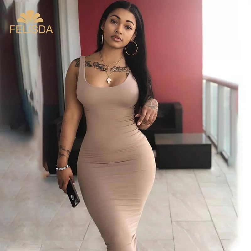 

FELISDA Knee Length Dress Knitted Elastic Sleeveless Bodycon Elegant Women Summer Sexy Party Slim Casual Dresses