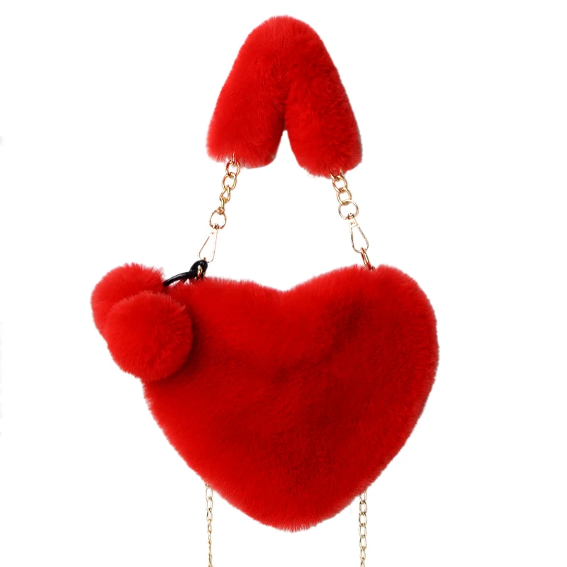 

Fashion lovely soft plush fur heart clutch shaped faux purse chain shoulder bags for women 2020 handbag