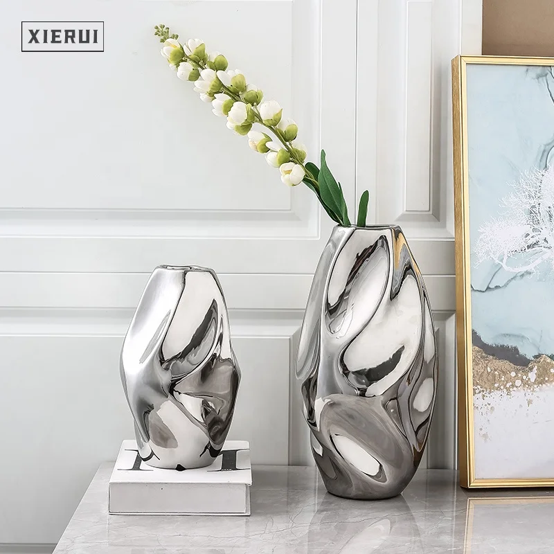 

Modern simple electroplating silver handmade pleated tall nordic flower vases set for home hotel decor ceramic & porcelain vases, As shown