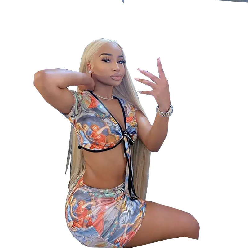 

Print V Neck Bow Tie Short Sleeve Crop Top 2 Piece Outfits Women Skirt Sets, White black