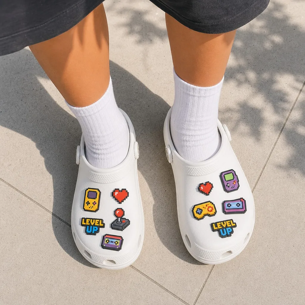 Pixel and retro arcade clog charms worn on foot with white socks in a sunlit walkway