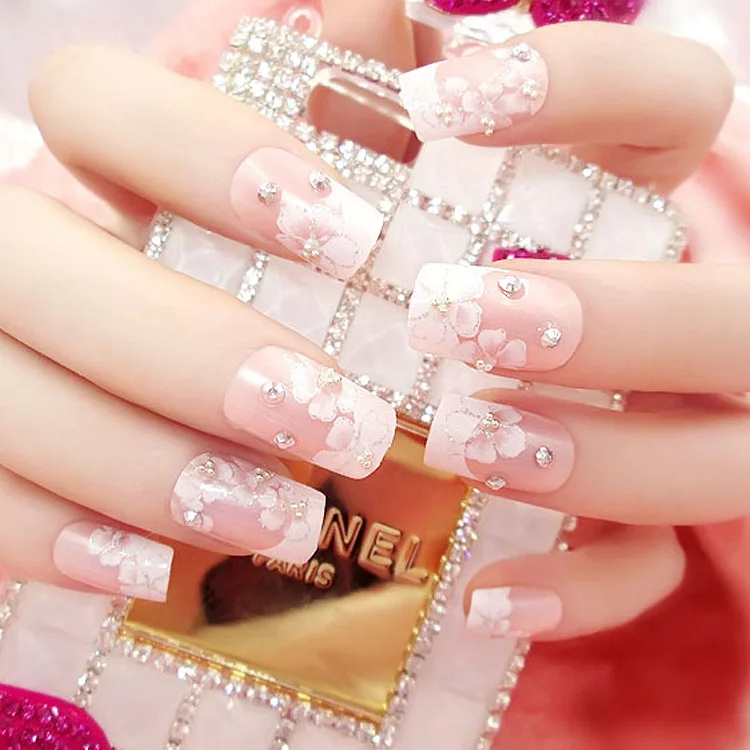 

B50 artifical false nail 3d brown cute white and pink flowers false nail art pre glued false nail sticker, Picture