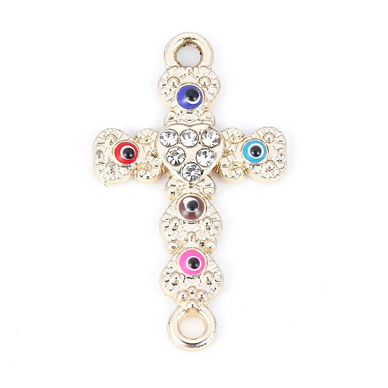 

Fashion Bracelets Charms Necklace Pendant Golden Evil Eyes Cross Shape Alloy Rhinestone Connectors For DIY Jewelry Making, Gold