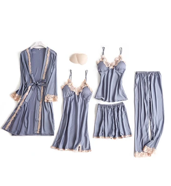 

5 pcs Pajamas Sets Spring Summer Womens Fashion Pyjama Sexy Lace V Neck Sleeveless Sling Shorts Homewear Elegant Robe Nightgown, Blue,navy blue,red,pink