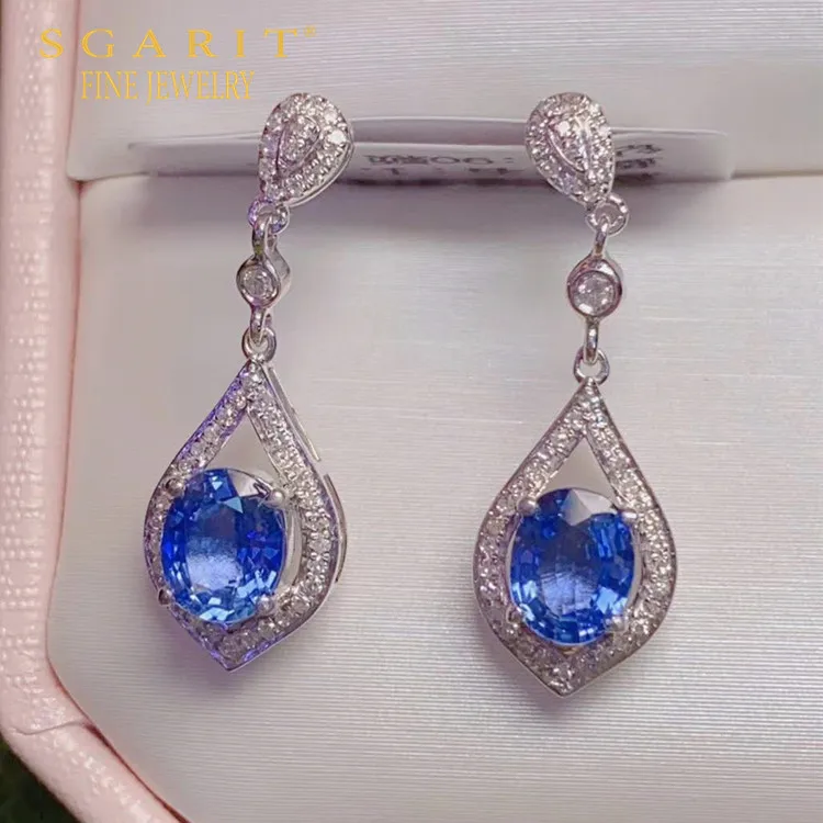 

SGARIT beautiful lady party jewelry wholesale 18k gold blue gemstone eardrop 1.7ct natural sapphire pendant earring