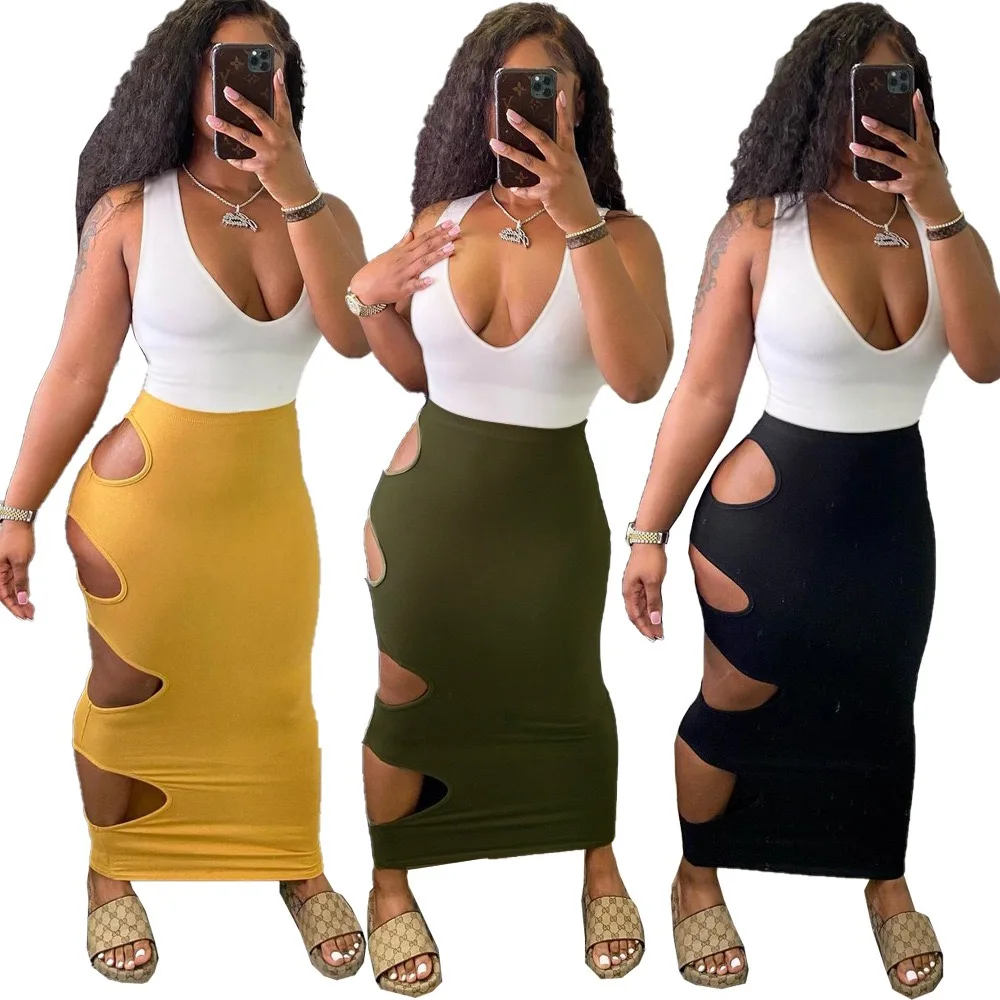 

2021 new design trendy hole cut out skirt ladies tight slim fit dress sexy bodycon long skirt solid color club wear, 3 colors