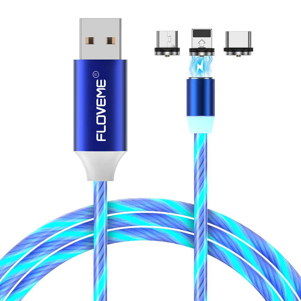 

Free Shipping 1 Sample OK 3 in 1 Magnetic Cell Phone Charger Cable Led Flowing Light 3in1 Type C Micro USB Cable Custom Accept