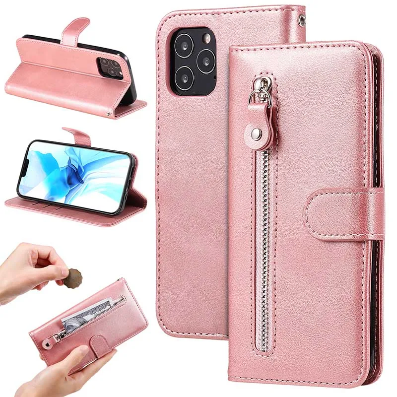 

Luxury Leather Zipper Wallet Phone Case For iPhone 12 11 Pro Max XS XR XS MAX 7 8 Plus For Samsung Note 20 S20FE, Multi