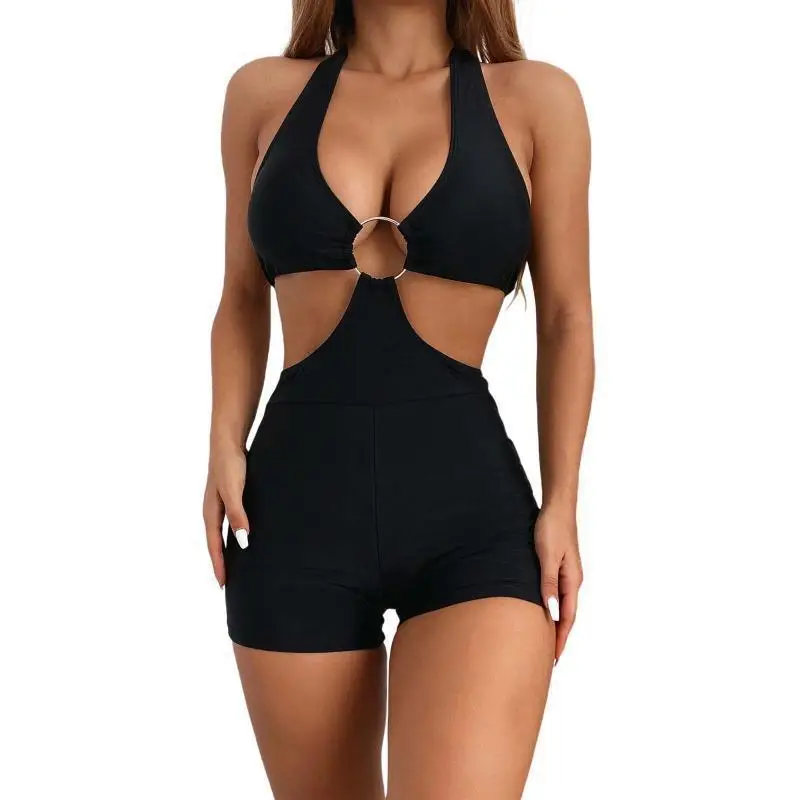 

2022 new hanging neck women's cut out sexy bikini solid color printed metal ring swimsuit Eco Friendly Recycled Nylon Swimwear