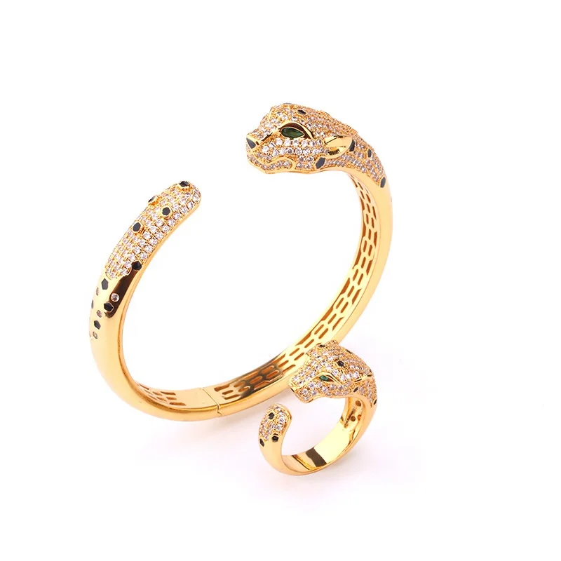 

The new leopard 18k gold filled jewelry bracelet bangle and rings set zirconia panther cuff jewelry women bracelets