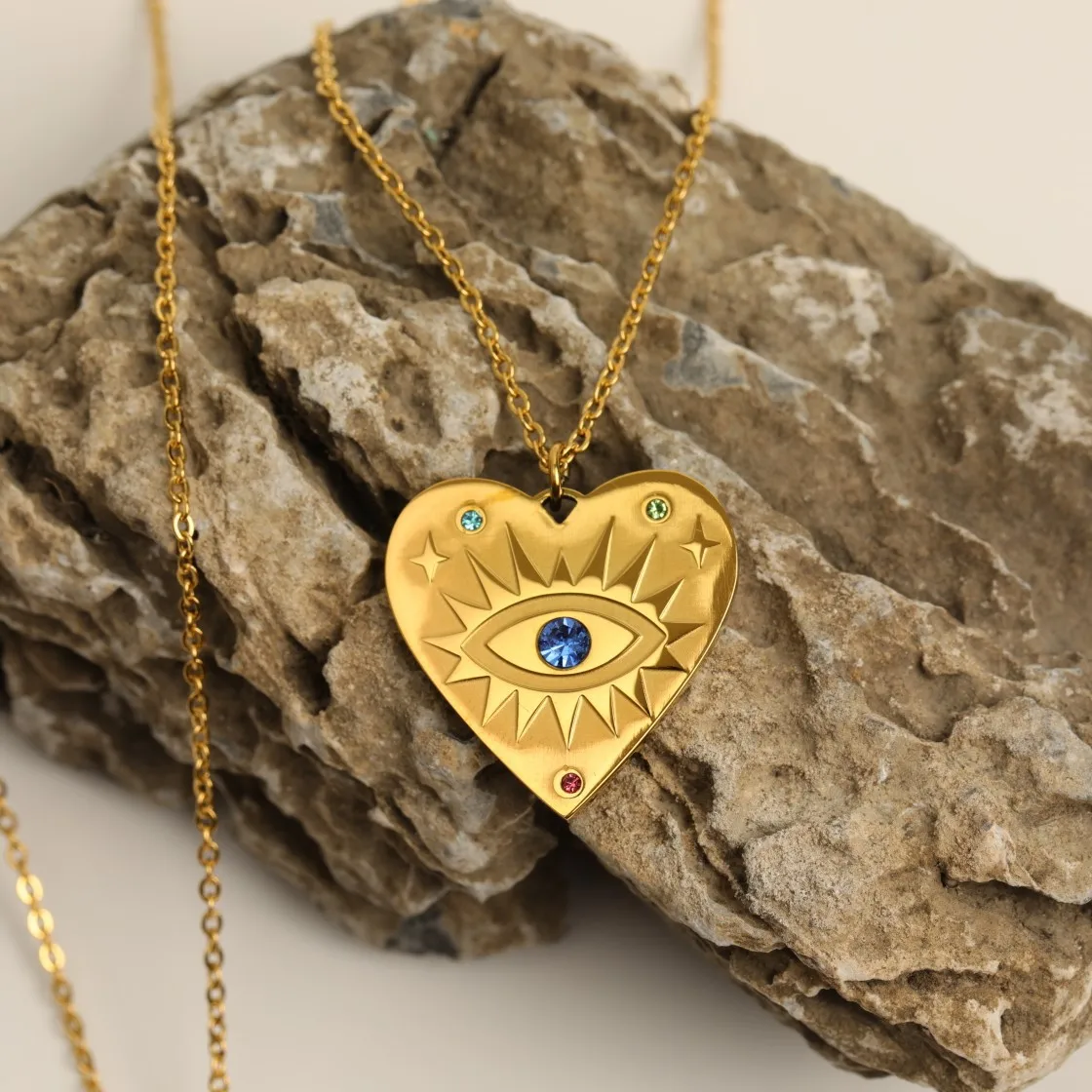 

Ethnic Stainless Steel 18K Gold Charms Heart Round Coin Evil Eye Pendant Necklaces Jewelry For Women