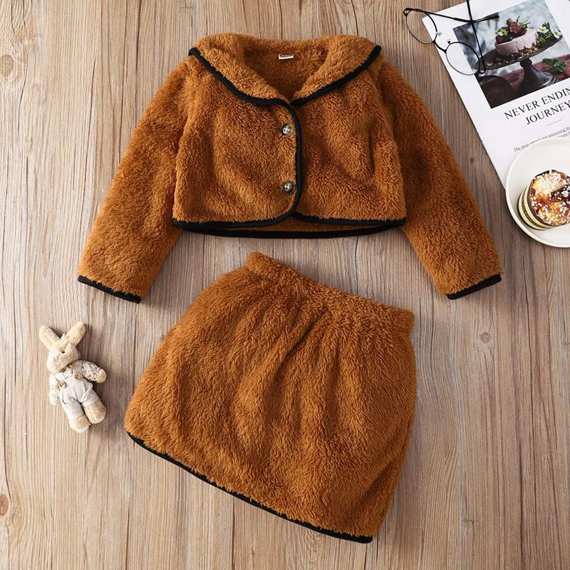 

2021 Winter Autumn Children Girl Brown Fluffy Jacket Top + Skirt 2 pcs 2-6 Years