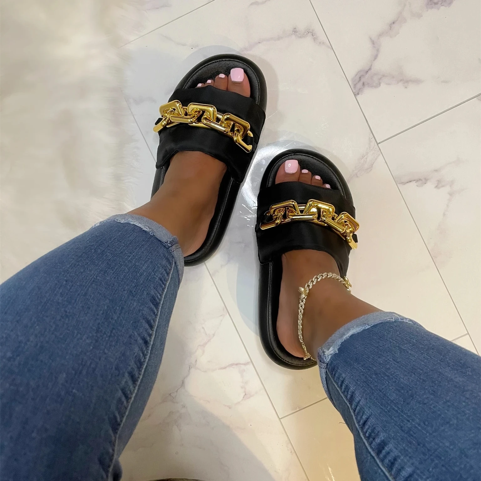 

Women Shoes Summer Square Peep Toe Rubber Metal Chain Detail Low Heels Flat Slippers Slides Women Sandals Ladies Wholesale, 4 colors