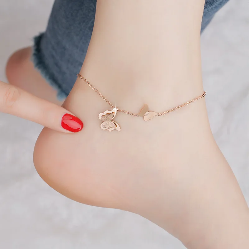 

Gold Plated Butterfly Initial Anklet Bracelet Feet Stainless Steel Women's Anklet Jewelry, Rose gold
