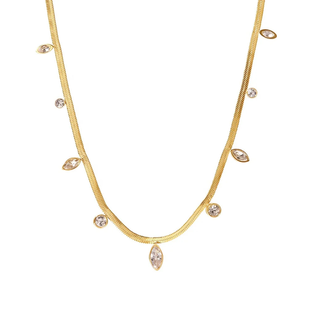 

14K Gold Plated Flat Snake Chain Various White Small Zircon Stainless Steel Charm Necklace Ins Trendy
