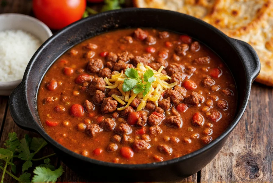 Authentic Texas-style beanless chili in cast iron pot with ground beef, spices, and fire-roasted tomatoes