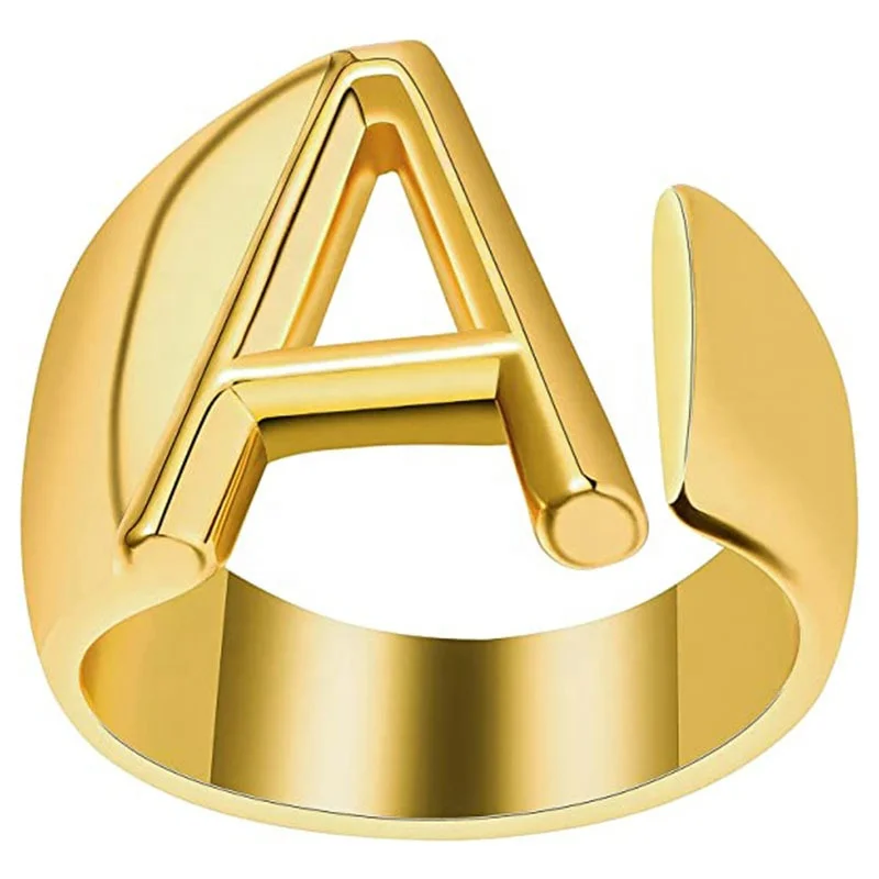 

2021 New Trendy Ladies Adjustable Meaningful Gold Stainless Steel Chunky A-Z Letter Open Initial Ring For Women Jewelry