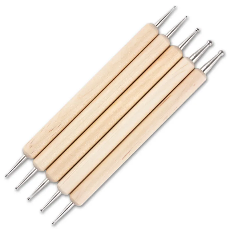 

Factory Sales 5Pcs/Pack Nail Art Tools Wood Handle Painting Drawing Brush Pen 2 Way Nail Art Dotting Tool