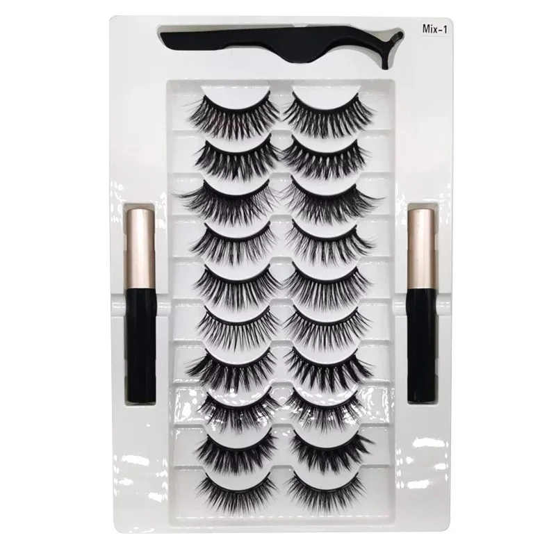 

10 pairs High quality custom magnet eyelash vendors wholesale false 3d mink eyelash magnetic eyelashes set with eyeliner
