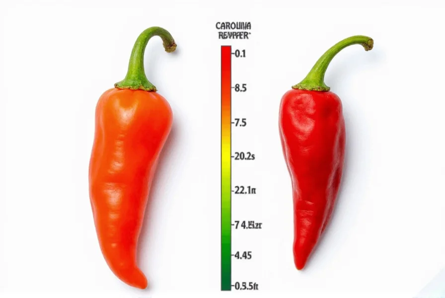 Side-by-side comparison of ghost pepper (Bhut Jolokia) and Carolina Reaper peppers showing their different shapes, colors, and size on a white background with Scoville scale graphic