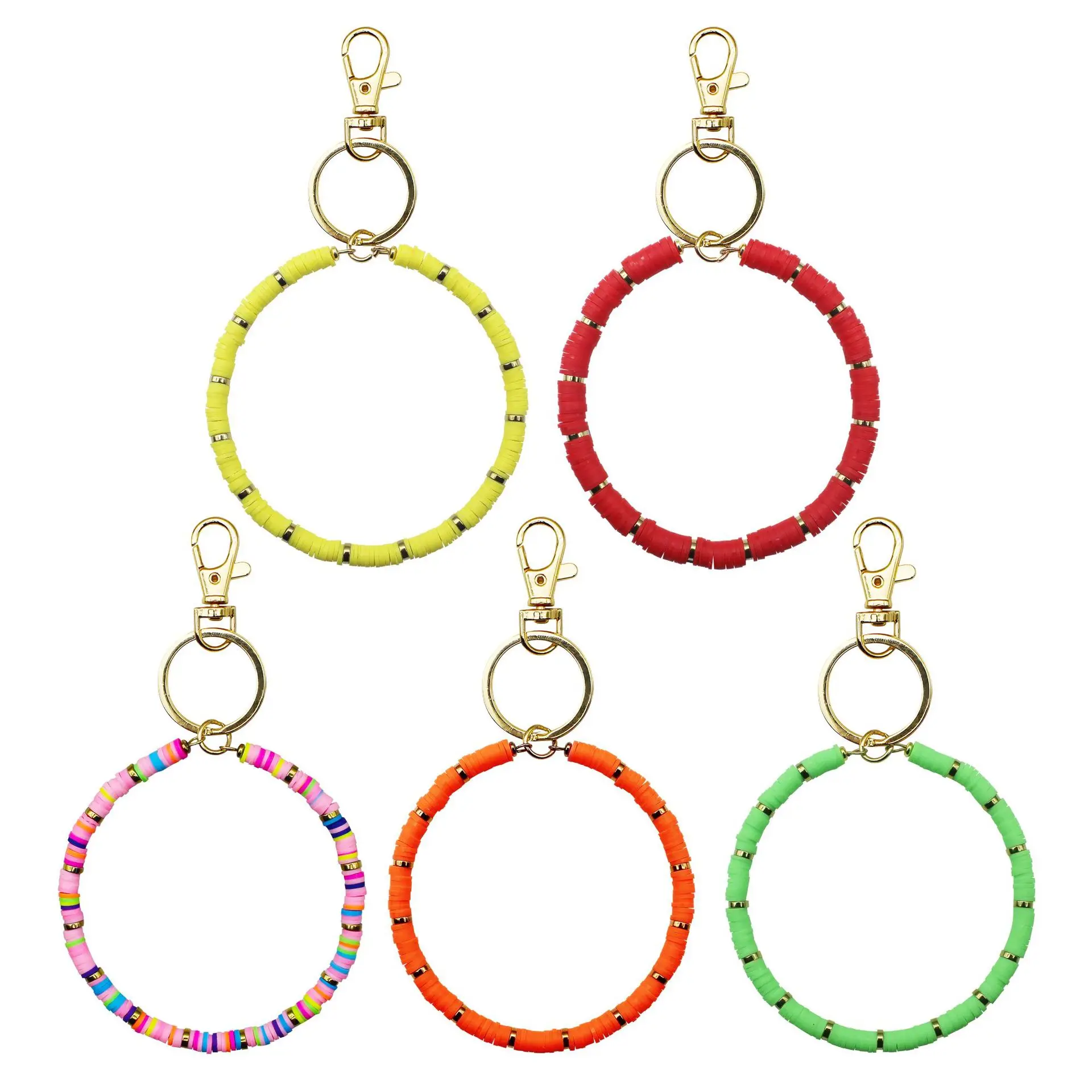 

Boho Colorful Flat Round Polymer Clay Beads Keychain Bracelets Wristlet Car Bags Key Rings for Women Men