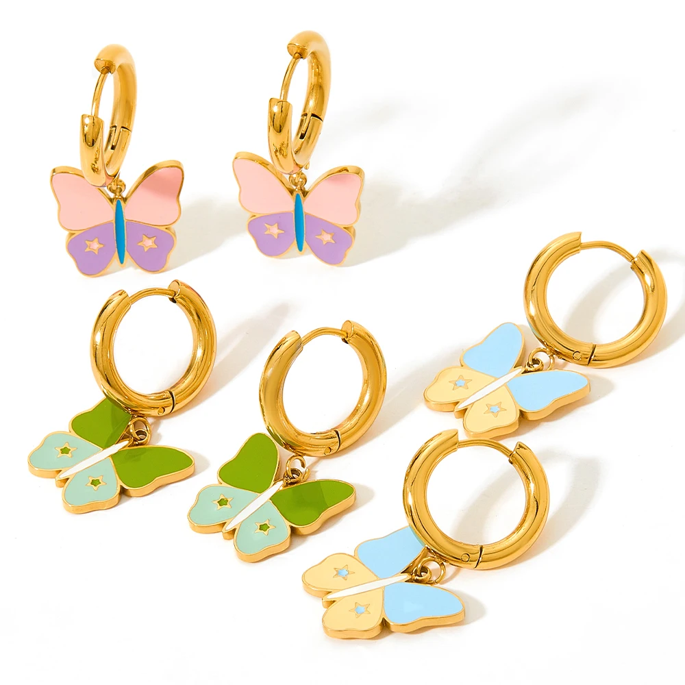 

Exquisite 18k Gold Oil Dripping Star Butterfly Drop Earring Stainless Steel Colorful Enamel Butterfly Hoop Huggie Earring