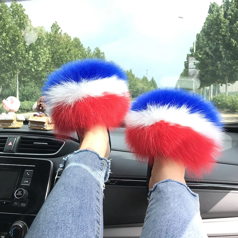 

Good Price Mix Colors Fluffy Real Fur slides Large Fox Fur Slippers For Women, Customized color