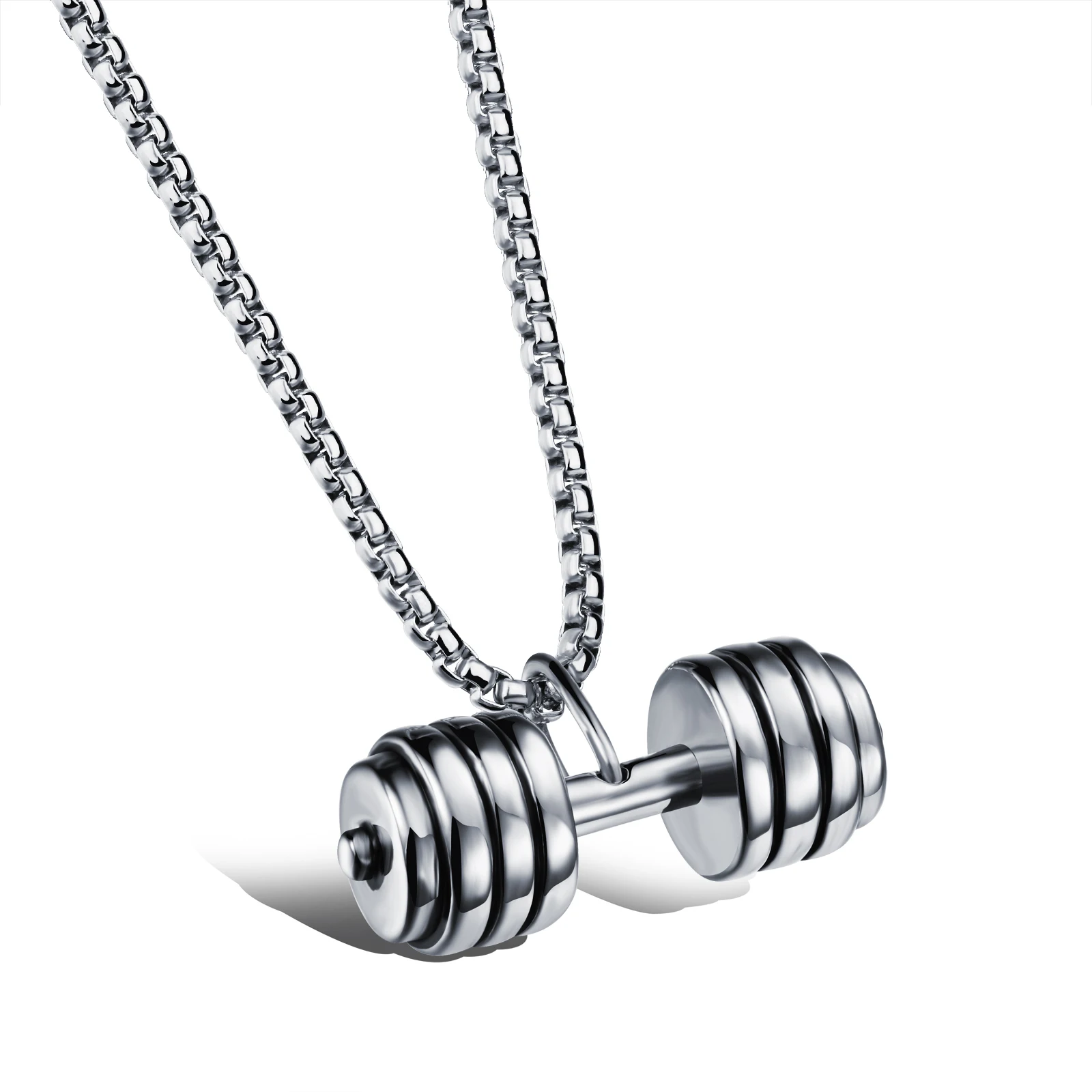 

Men's Stainless Steel Gym Dumbbell Weight Lifters Fitness Jewelry, Silver Triple Plate Dumbbell Pendant Barbell Necklace/, Rose gold