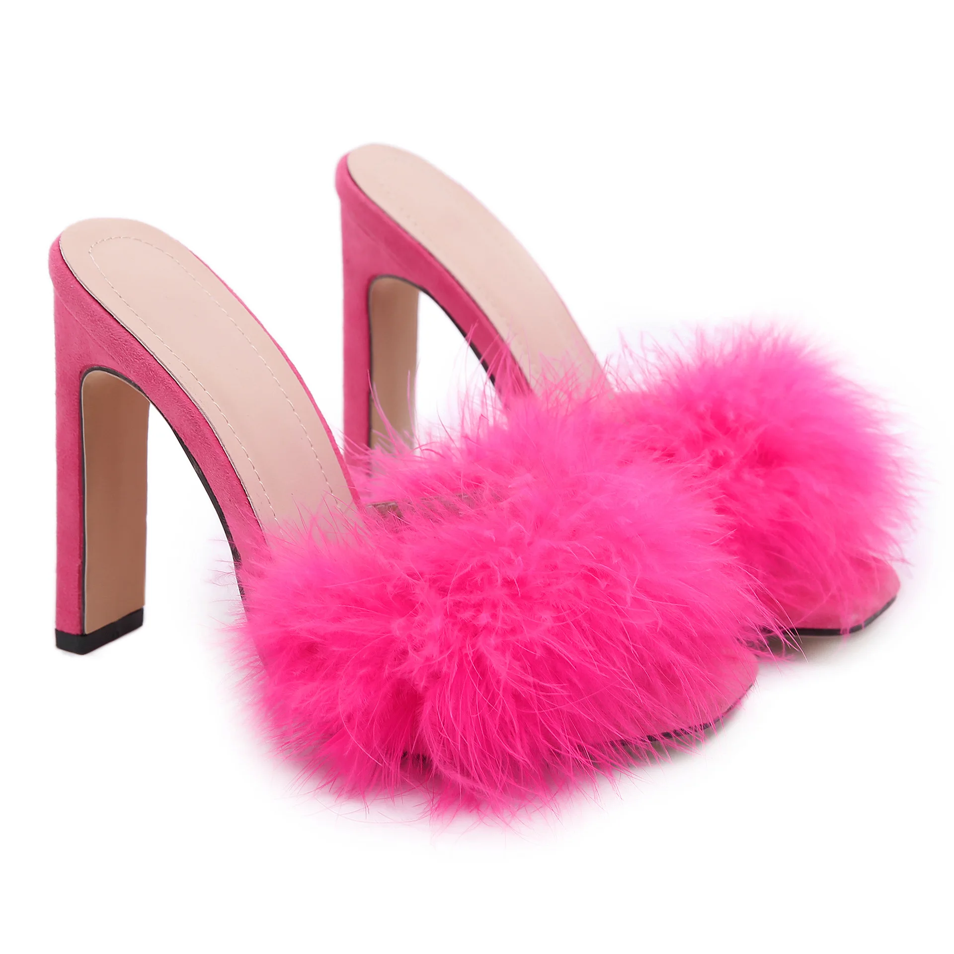 

Fashion Ladies Sandals Slippers Candy Color Square Head Plush Chunky Heel Women Street Party Office Sandals Pumps Shoes