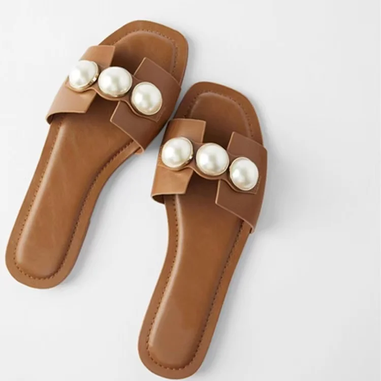 

2021 summer woman fashion pearl square head outdoor flat slippers, Brown or customized