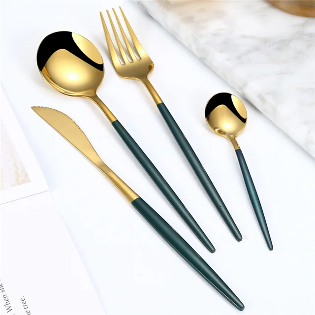 

Fashion gold contrast color tableware set stainless steel fork and spoon kitchen accessories, As show
