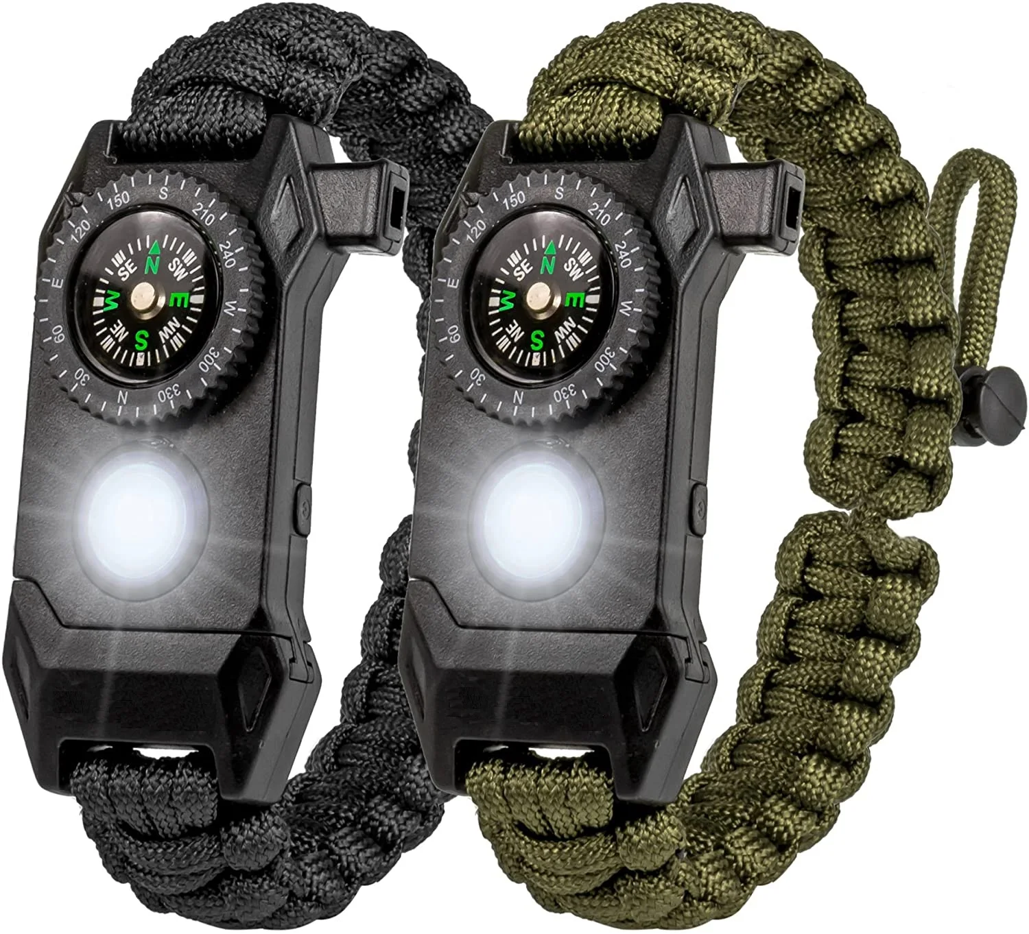 

Energinox 6 In 1 Adjustable Mens Outdoor Survival Tactical Paracord Bracelet With SOS Led Light Compass Fire Starter Whistle, Green, black and etc