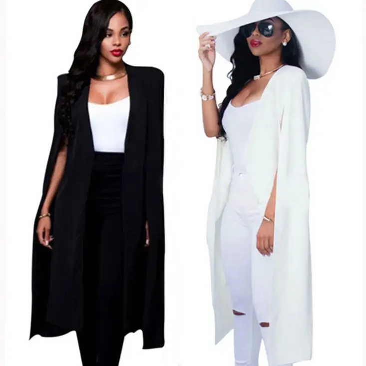 

Women Elegant Blazer Contrast Binding Open Front Cape Long Sleeve Blazer White Black Longline Plain Outer Y11129