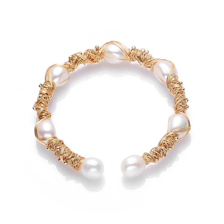 

Large pearl retro light luxury natural fresh water pearl 14K gold injection winding bracelet for women