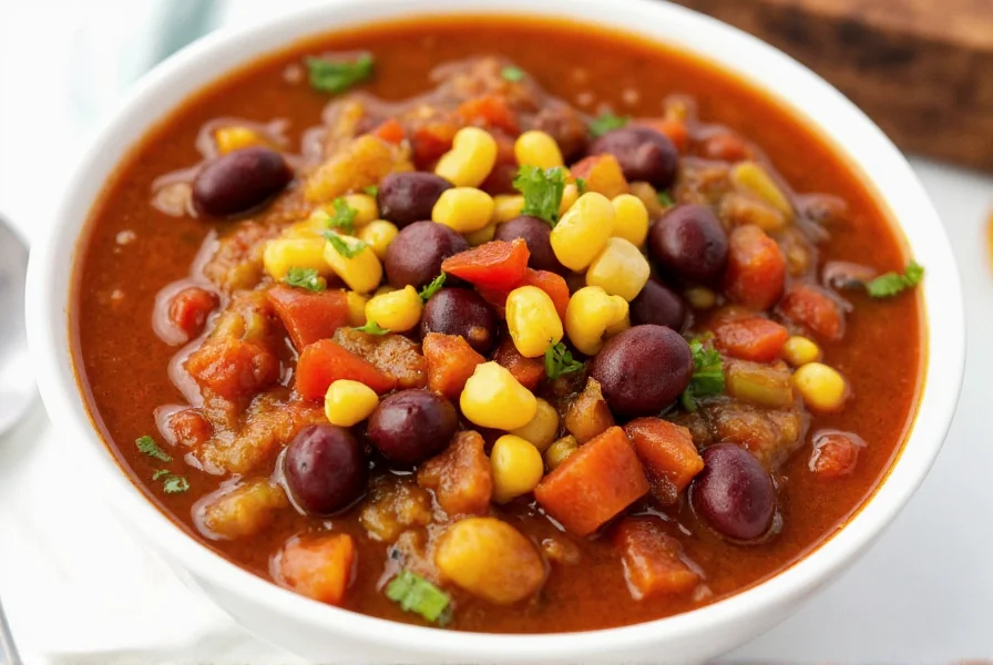 Colorful vegetarian chili with beans, corn, and diced vegetables in white bowl