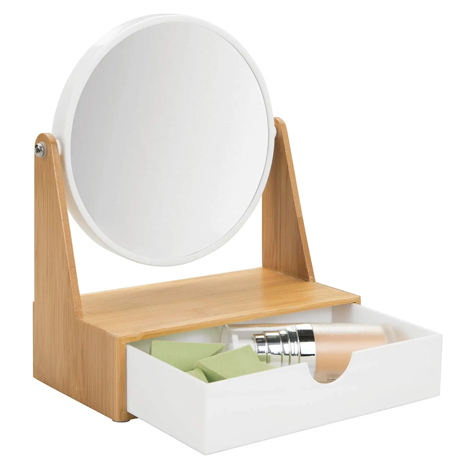 Wooden Desktop Cosmetic Organizer Bamboo Makeup Organizer With Mirror